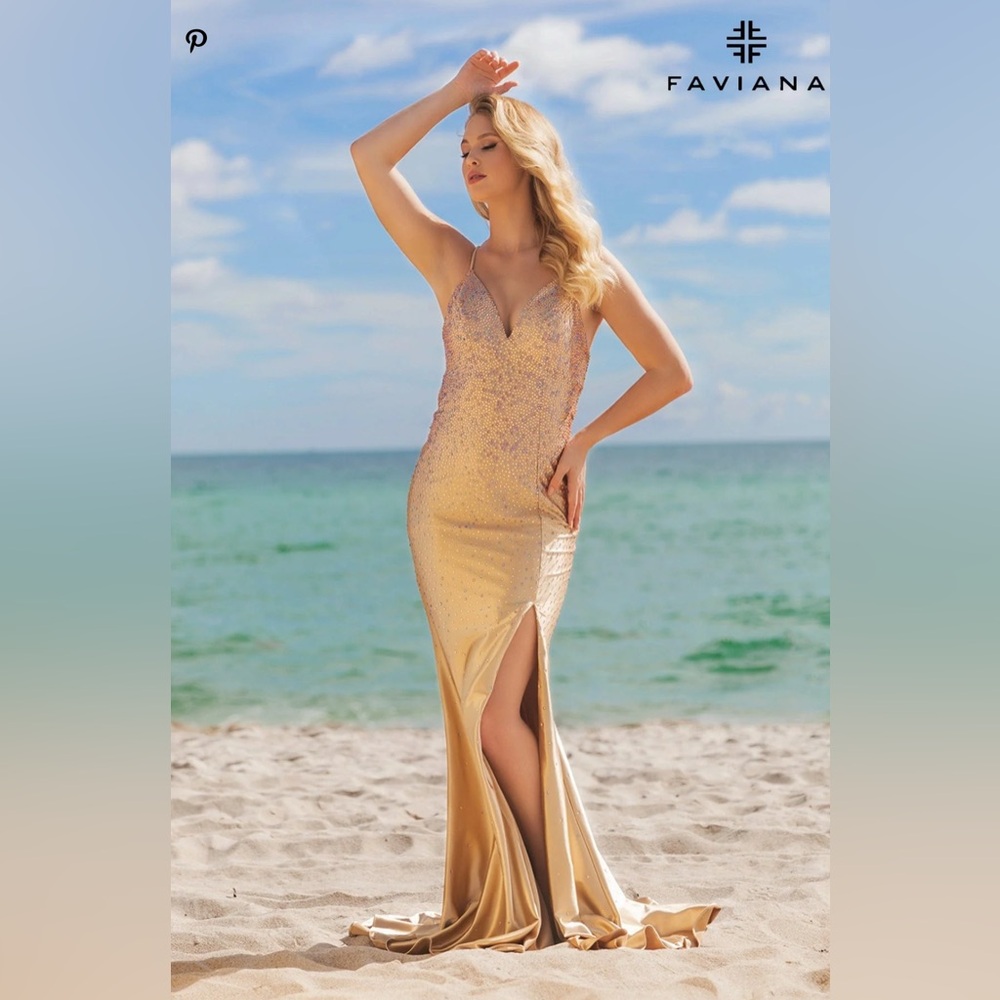 Faviana Gold Rhinestone VNeck Lace Up Elegant Gold Sequin prom dress